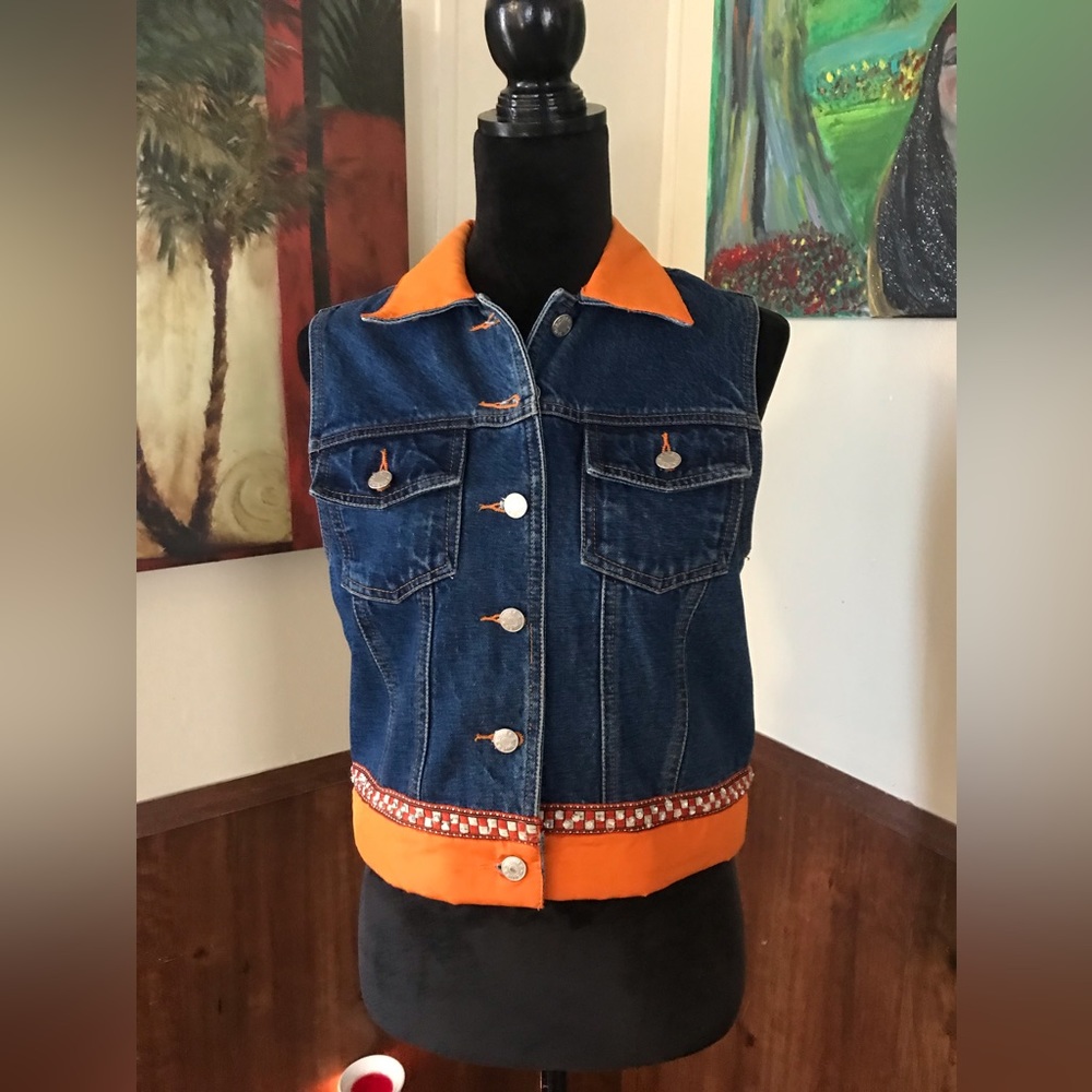Adriana Sport sleeveless jean jacket w orange satin rhinestone trim size S